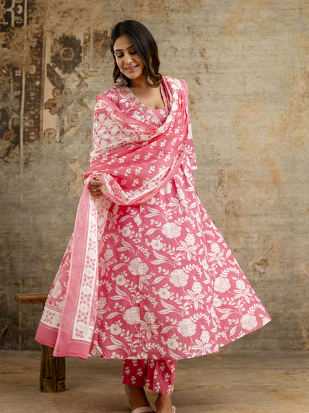 Women's cotton Anarkali Kurta with embroidery with pant and mulmul dupatta