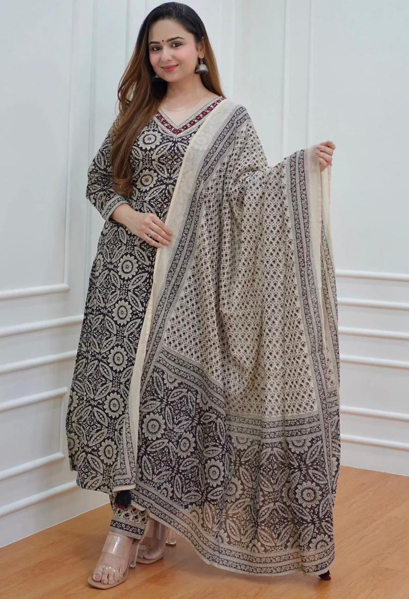Women’s Printed Kurta Set with Dupatta | Designer Handwork Neck Design