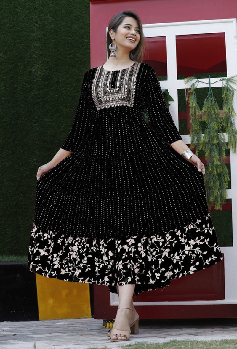 Embroidered Anarkali Kurta with Sequin Work & Flared Printed Hem