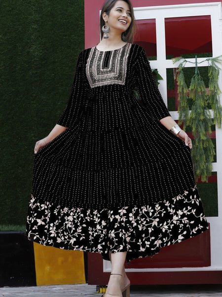 Embroidered Anarkali Kurta with Sequin Work & Flared Printed Hem