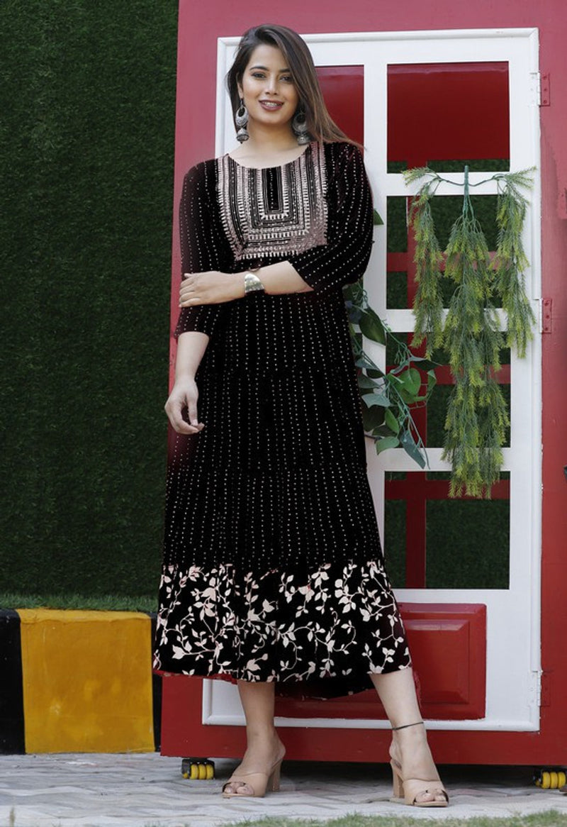 Embroidered Anarkali Kurta with Sequin Work & Flared Printed Hem