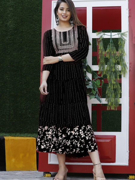 Embroidered Anarkali Kurta with Sequin Work & Flared Printed Hem