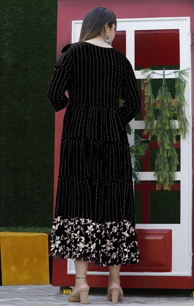 Embroidered Anarkali Kurta with Sequin Work & Flared Printed Hem