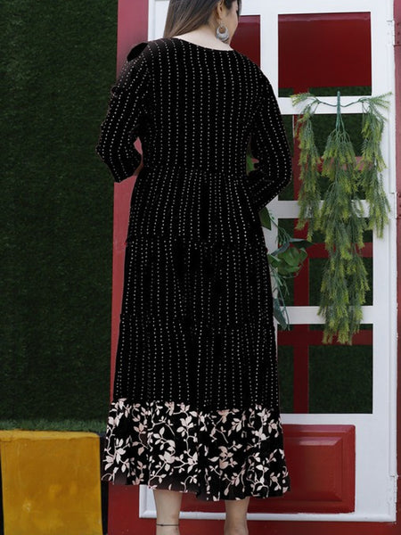 Embroidered Anarkali Kurta with Sequin Work & Flared Printed Hem