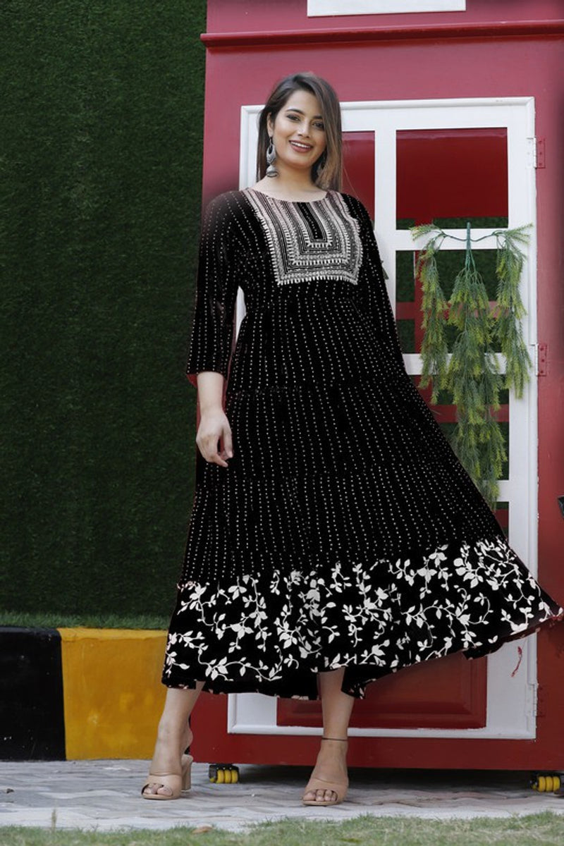Embroidered Anarkali Kurta with Sequin Work & Flared Printed Hem