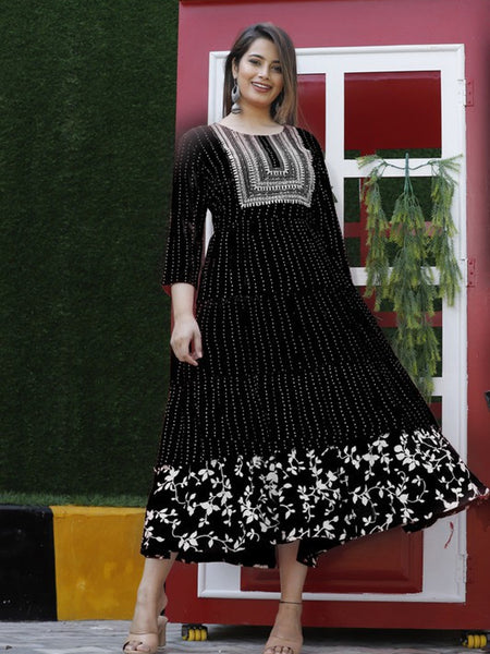Embroidered Anarkali Kurta with Sequin Work & Flared Printed Hem