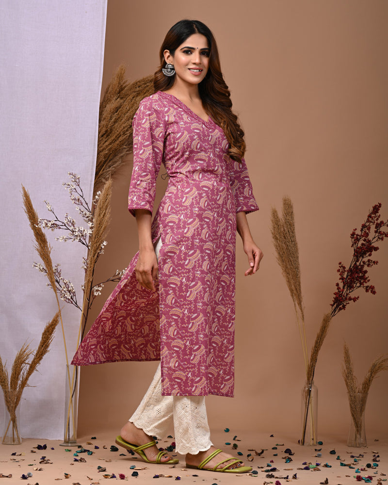 Pink Floral Printed Rayon Straight Kurta with V-Neck & 3/4th Sleeves