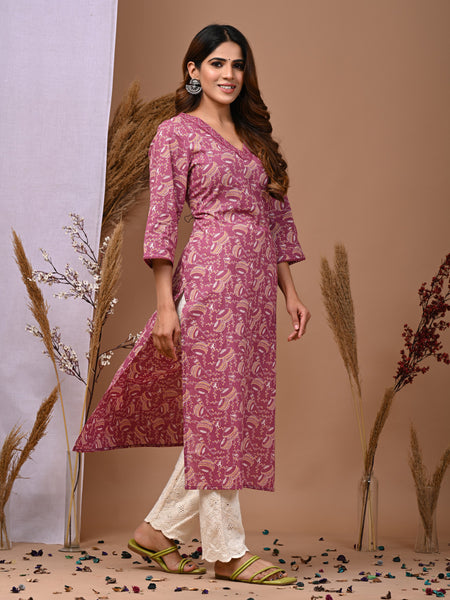 Pink Floral Printed Rayon Straight Kurta with V-Neck & 3/4th Sleeves