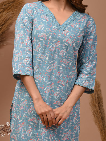 Sky Blue Floral Printed Rayon Straight Kurta with V-Neck & 3/4th Sleeves