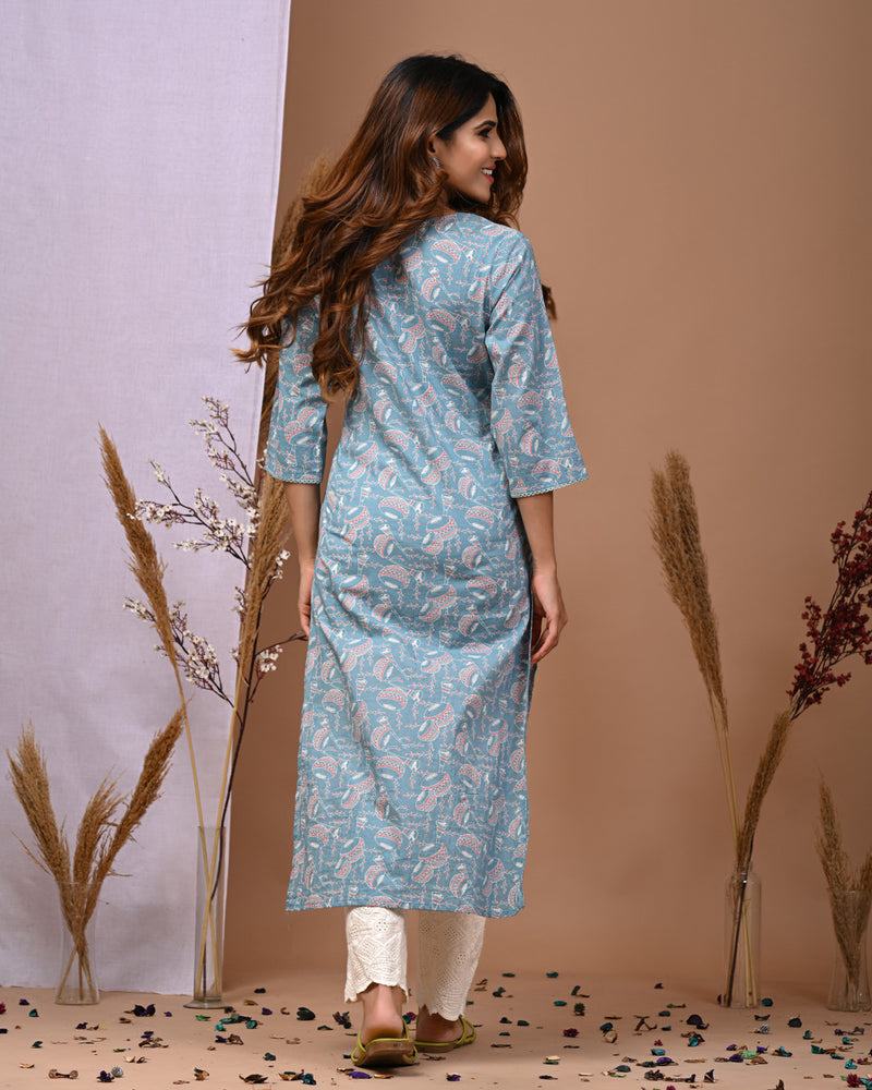 Sky Blue Floral Printed Rayon Straight Kurta with V-Neck & 3/4th Sleeves