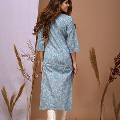Sky Blue Floral Printed Rayon Straight Kurta with V-Neck & 3/4th Sleeves