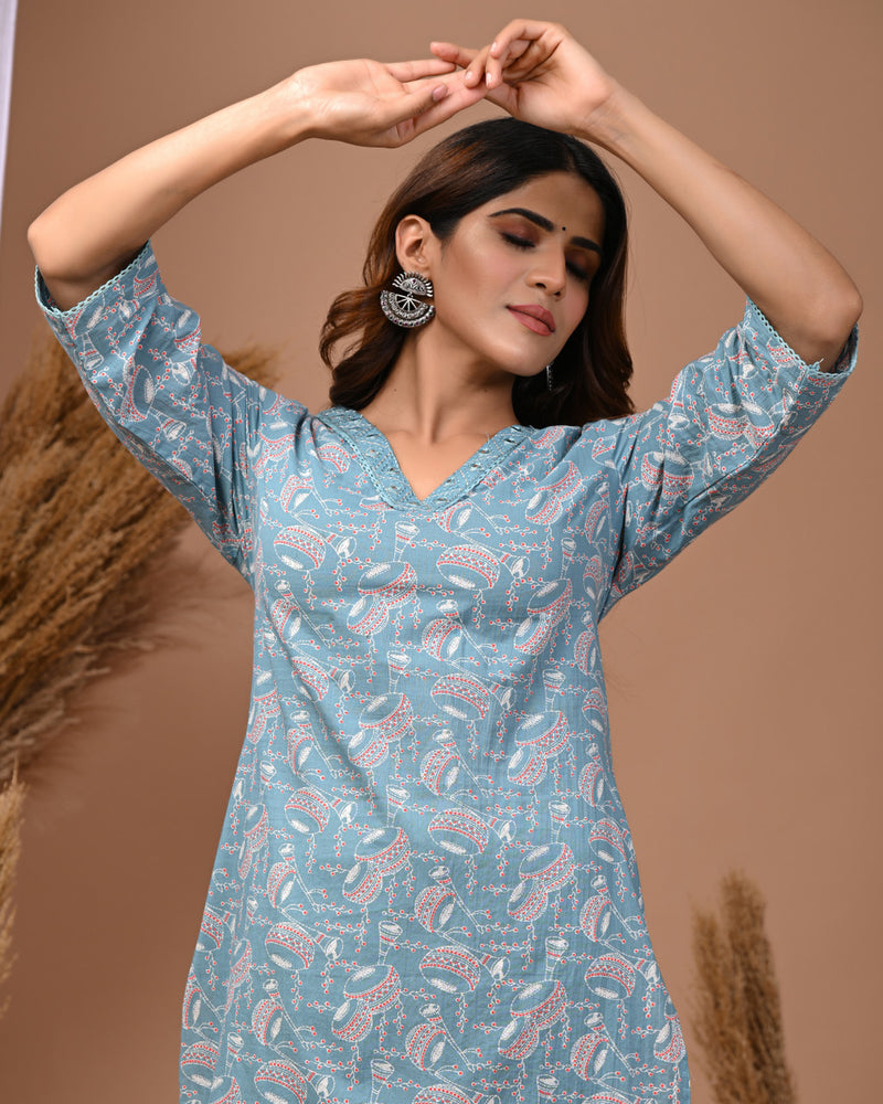 Sky Blue Floral Printed Rayon Straight Kurta with V-Neck & 3/4th Sleeves