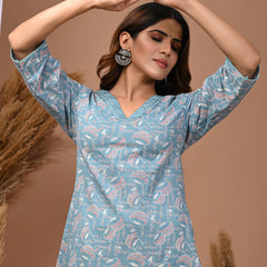 Sky Blue Floral Printed Rayon Straight Kurta with V-Neck & 3/4th Sleeves