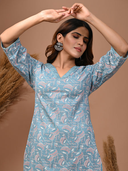Sky Blue Floral Printed Rayon Straight Kurta with V-Neck & 3/4th Sleeves