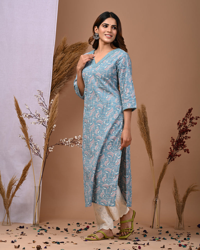 Sky Blue Floral Printed Rayon Straight Kurta with V-Neck & 3/4th Sleeves