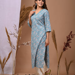 Sky Blue Floral Printed Rayon Straight Kurta with V-Neck & 3/4th Sleeves