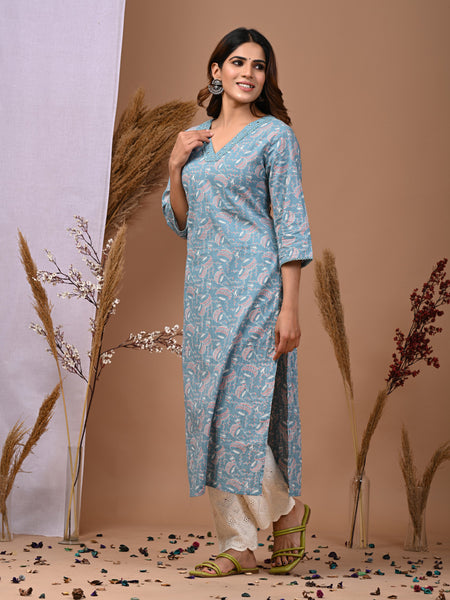 Sky Blue Floral Printed Rayon Straight Kurta with V-Neck & 3/4th Sleeves