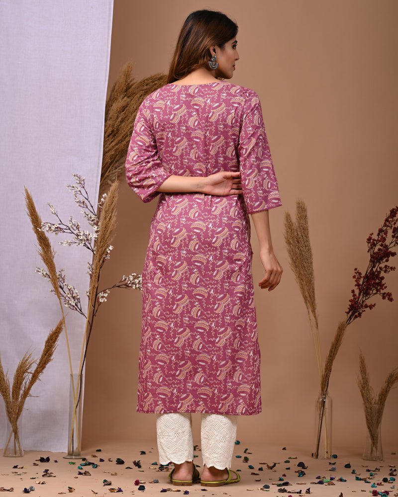 Pink Floral Printed Rayon Straight Kurta with V-Neck & 3/4th Sleeves