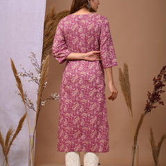 Pink Floral Printed Rayon Straight Kurta with V-Neck & 3/4th Sleeves