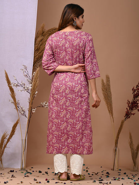 Pink Floral Printed Rayon Straight Kurta with V-Neck & 3/4th Sleeves