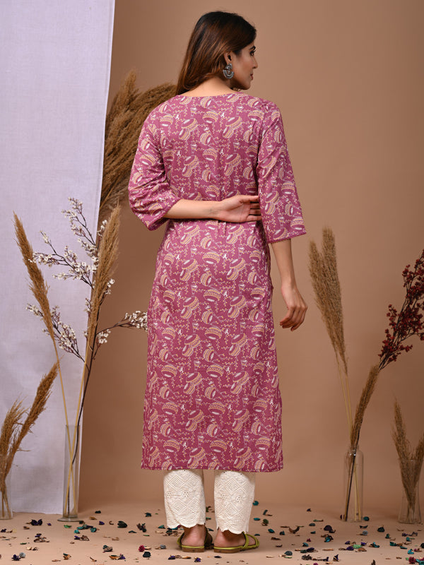 Pink Floral Printed Rayon Straight Kurta with V-Neck & 3/4th Sleeves