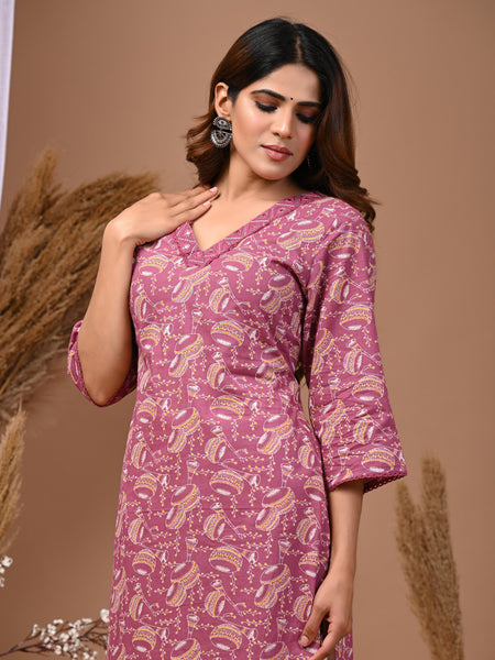 Pink Floral Printed Rayon Straight Kurta with V-Neck & 3/4th Sleeves
