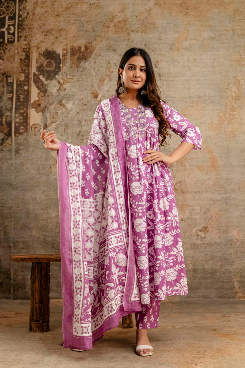 Women's cotton Anarkali Kurta with embroidery with pant and mulmul dupatta