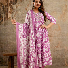 Women's cotton Anarkali Kurta with embroidery with pant and mulmul dupatta
