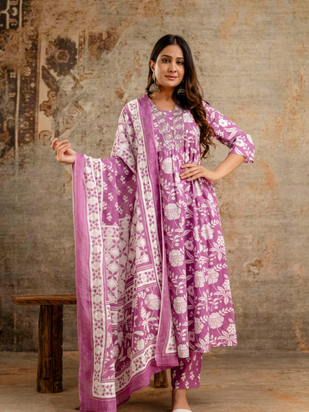 Women's cotton Anarkali Kurta with embroidery with pant and mulmul dupatta