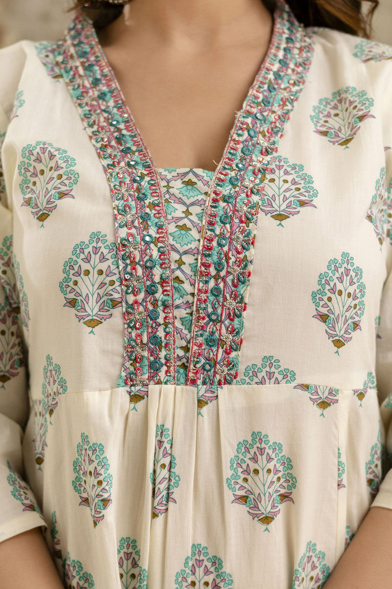 Women's cotton Anarkali Kurta with embroidery with pant and mulmul dupatta