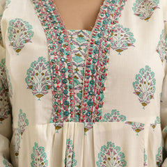 Women's cotton Anarkali Kurta with embroidery with pant and mulmul dupatta