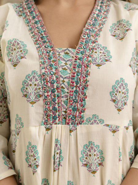 Women's cotton Anarkali Kurta with embroidery with pant and mulmul dupatta