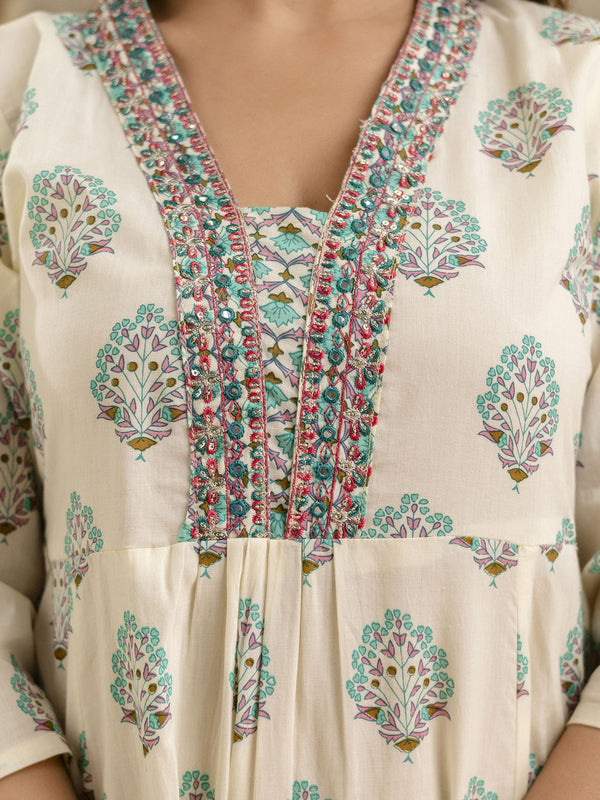 Women's cotton Anarkali Kurta with embroidery with pant and mulmul dupatta