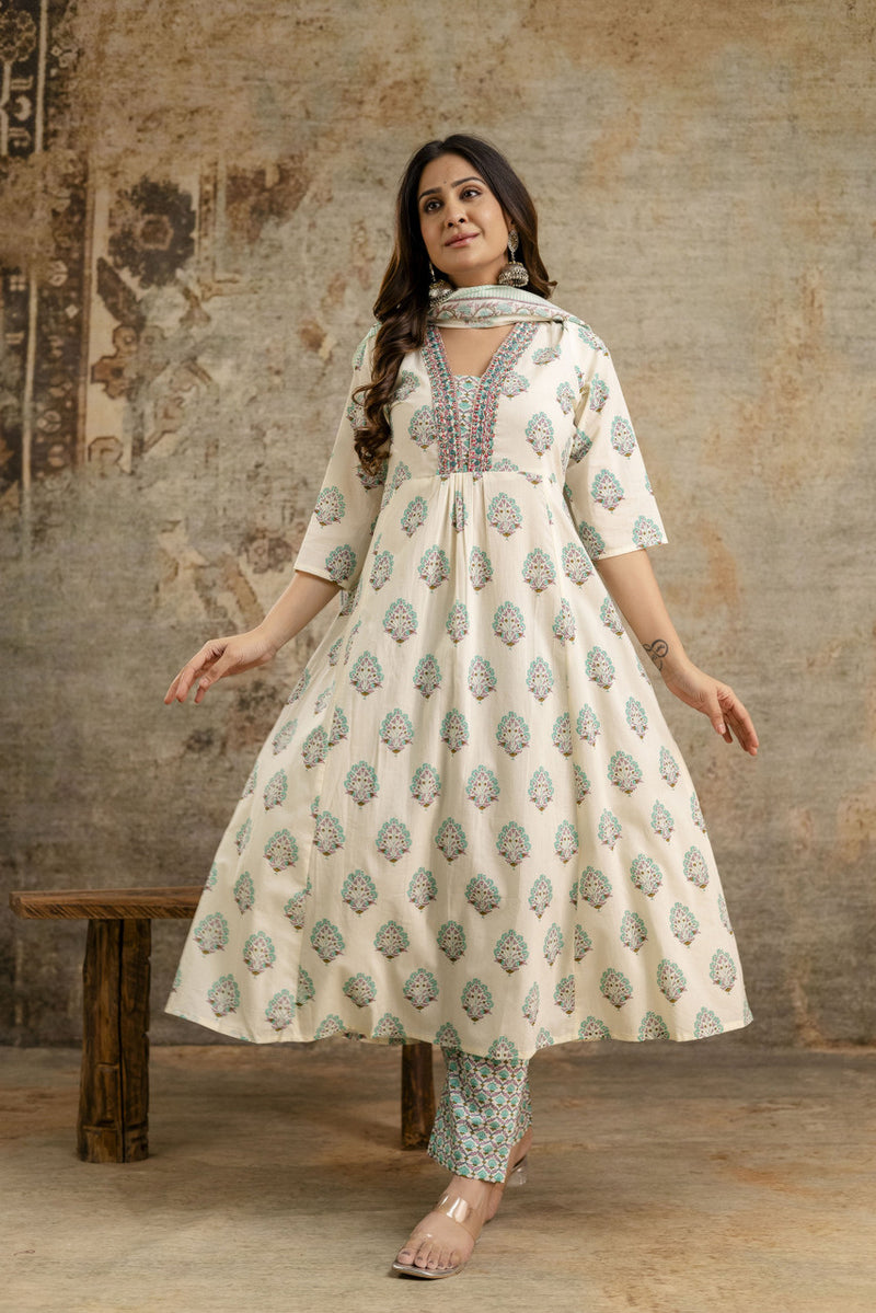 Women's cotton Anarkali Kurta with embroidery with pant and mulmul dupatta