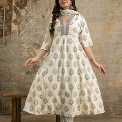 Women's cotton Anarkali Kurta with embroidery with pant and mulmul dupatta