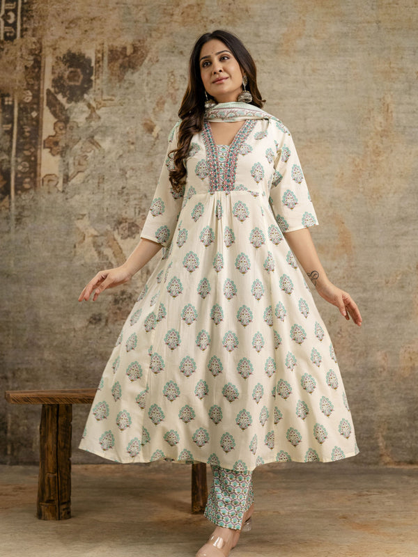 Women's cotton Anarkali Kurta with embroidery with pant and mulmul dupatta