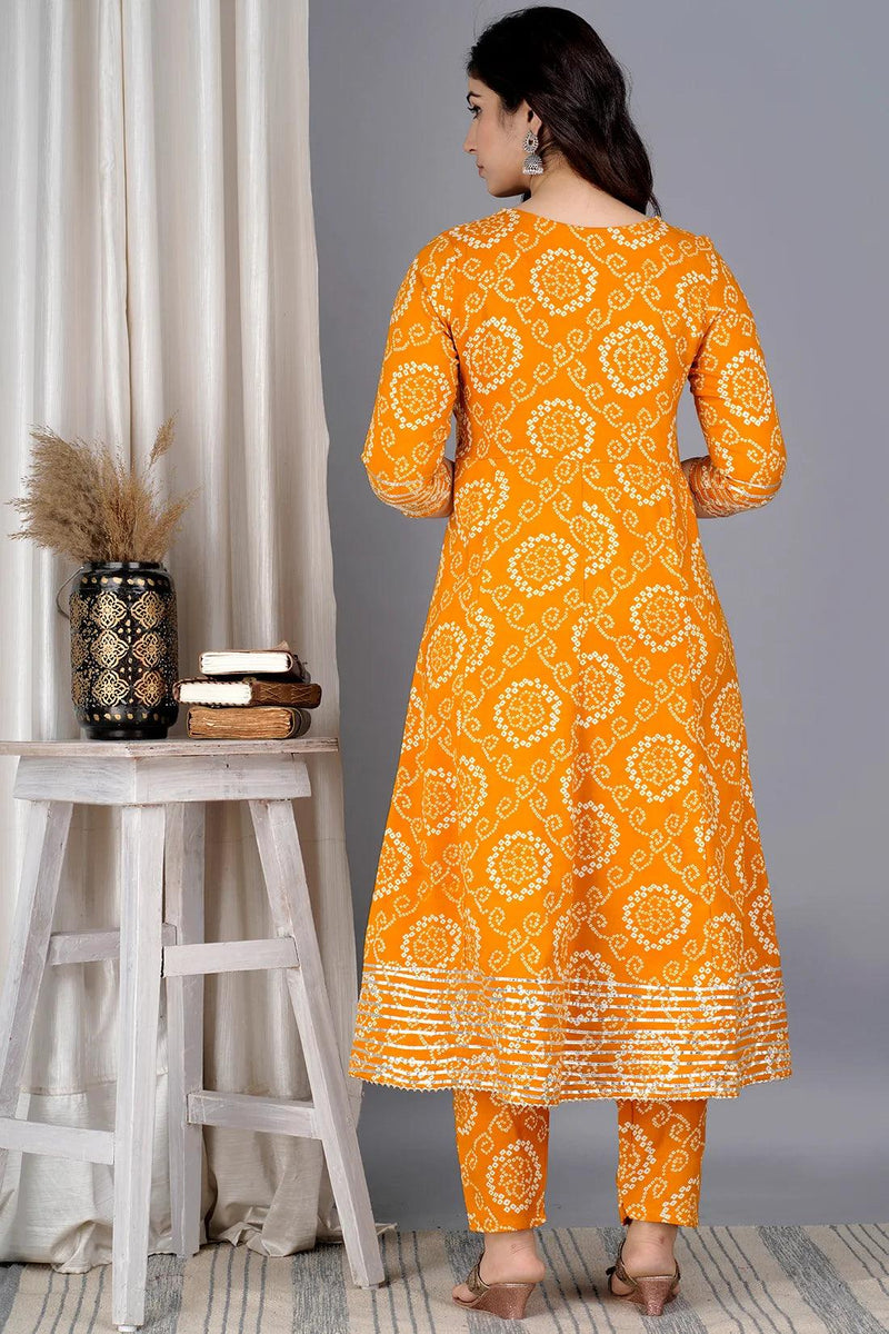 Yellow Bandhej Embroidered Cotton Flared Women Kurta Pyjama Dupatta Set