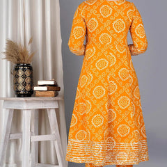Yellow Bandhej Embroidered Cotton Flared Women Kurta Pyjama Dupatta Set