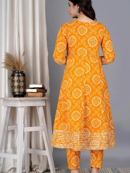 Yellow Bandhej Embroidered Cotton Flared Women Kurta Pyjama Dupatta Set