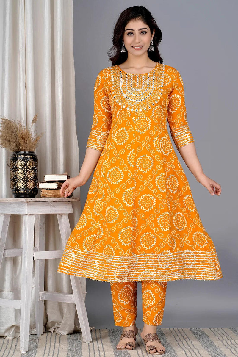 Yellow Bandhej Embroidered Cotton Flared Women Kurta Pyjama Dupatta Set