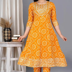 Yellow Bandhej Embroidered Cotton Flared Women Kurta Pyjama Dupatta Set
