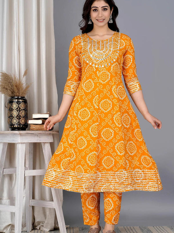 Yellow Bandhej Embroidered Cotton Flared Women Kurta Pyjama Dupatta Set
