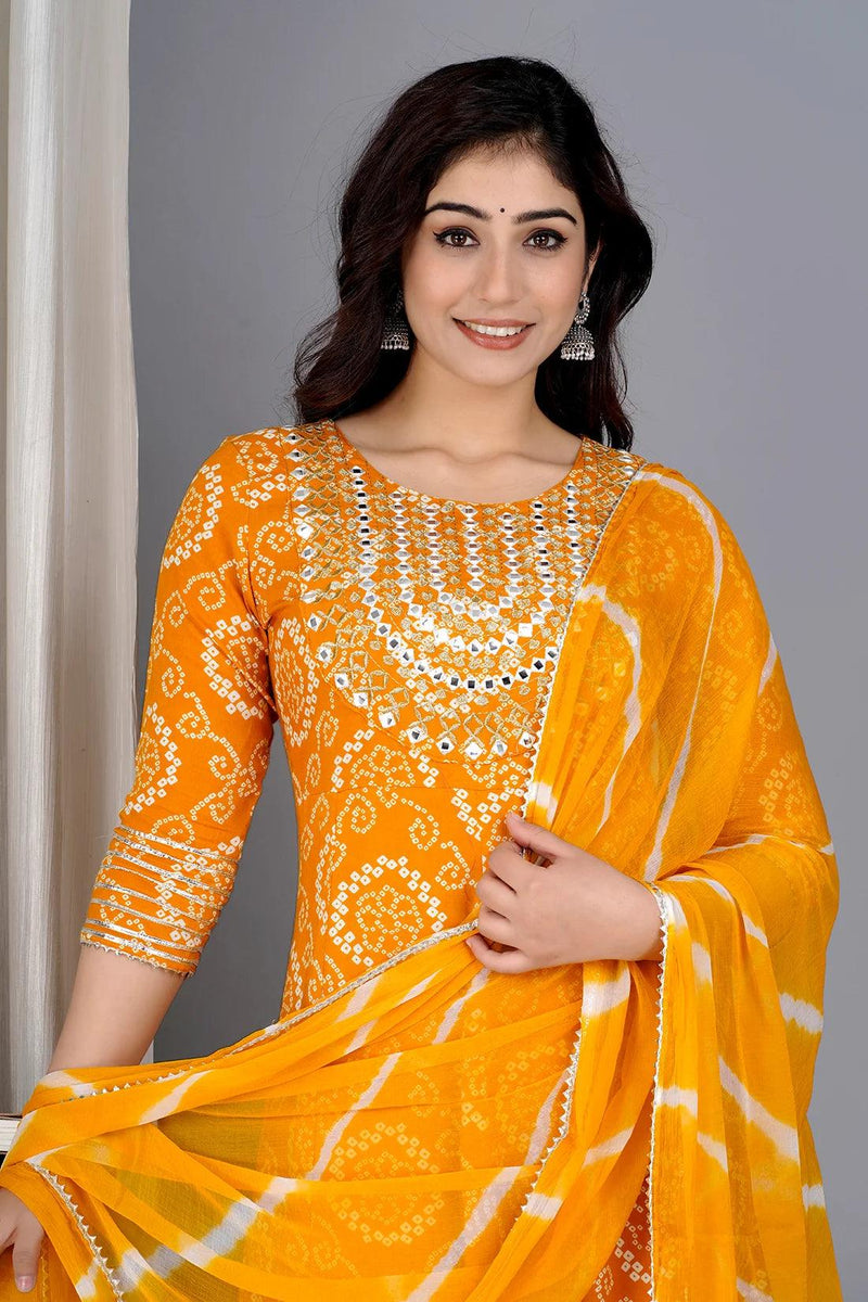 Yellow Bandhej Embroidered Cotton Flared Women Kurta Pyjama Dupatta Set