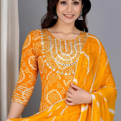 Yellow Bandhej Embroidered Cotton Flared Women Kurta Pyjama Dupatta Set