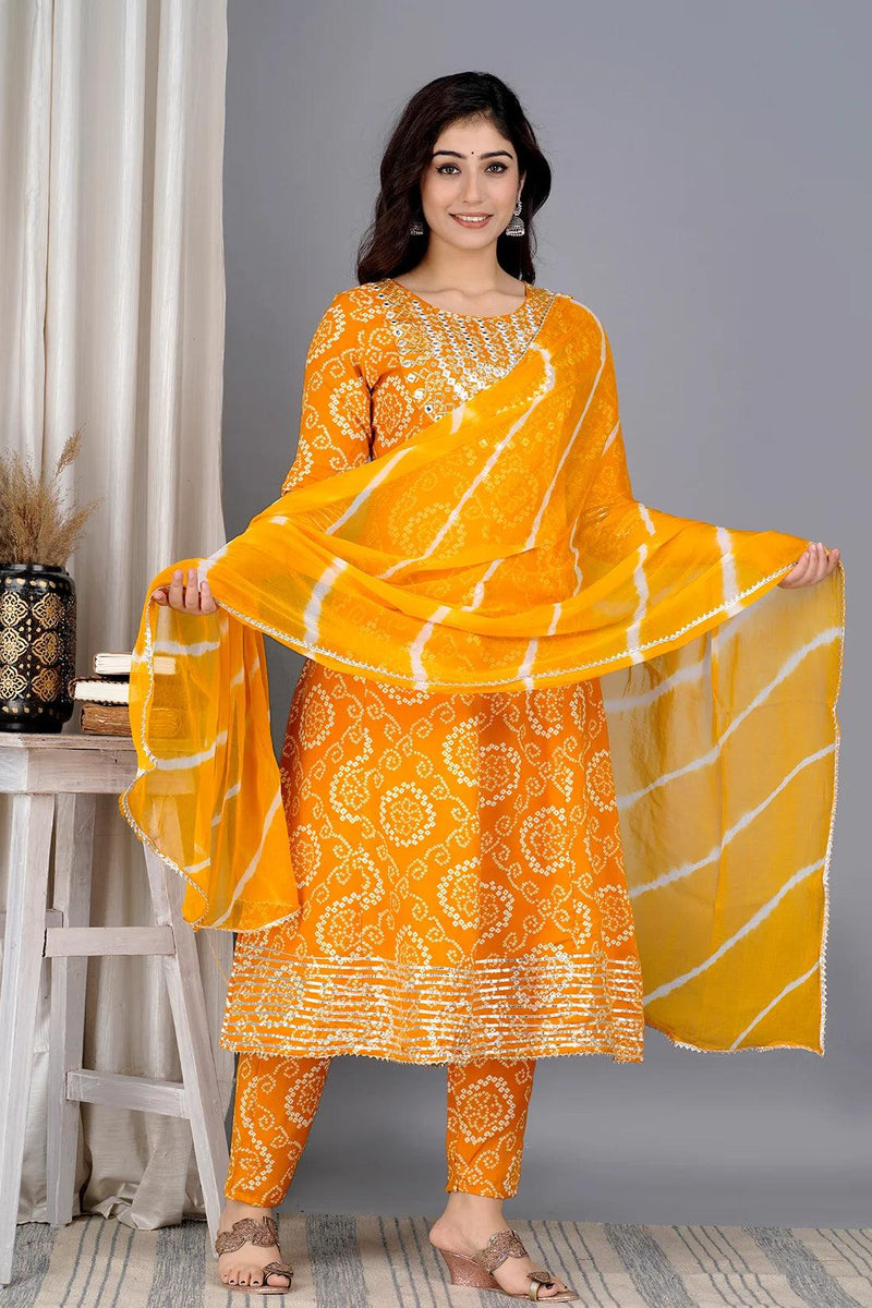 Yellow Bandhej Embroidered Cotton Flared Women Kurta Pyjama Dupatta Set