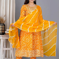 Yellow Bandhej Embroidered Cotton Flared Women Kurta Pyjama Dupatta Set
