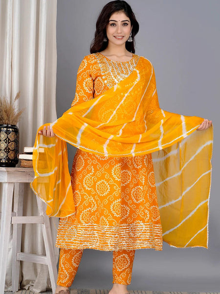 Yellow Bandhej Embroidered Cotton Flared Women Kurta Pyjama Dupatta Set