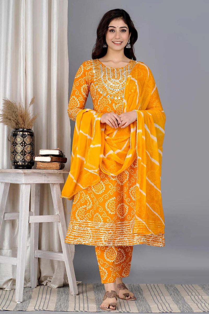 Yellow Bandhej Embroidered Cotton Flared Women Kurta Pyjama Dupatta Set
