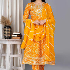 Yellow Bandhej Embroidered Cotton Flared Women Kurta Pyjama Dupatta Set