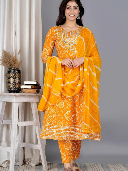 Yellow Bandhej Embroidered Cotton Flared Women Kurta Pyjama Dupatta Set
